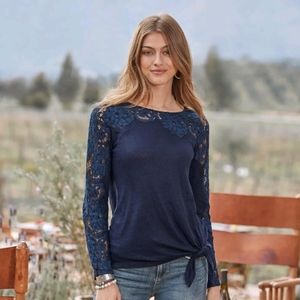 Sundance Blue Anabella Elegant Linen and Lace Top